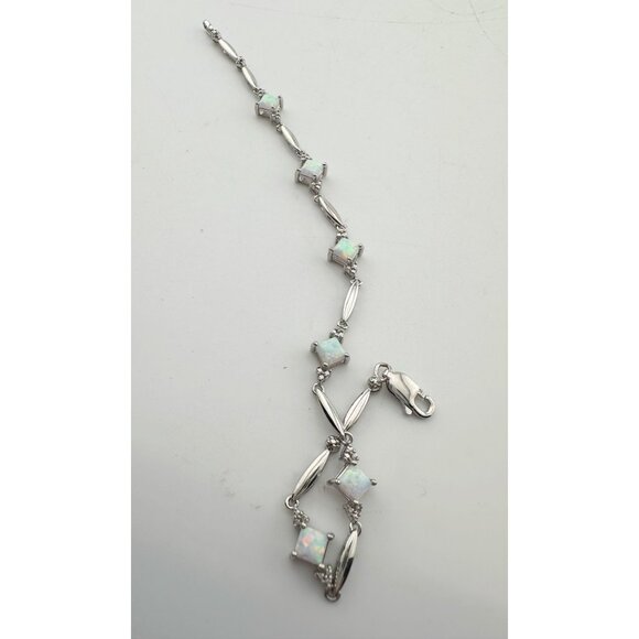 Princess Cut Lab Created Opal Bracelet with Diamond Accent - Picture 6 of 12